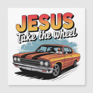 Jesus neemt het stuur Vintage Muscle Car