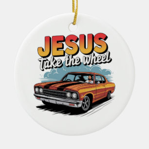 Jesus neemt het stuur Vintage Muscle Car Keramisch Ornament