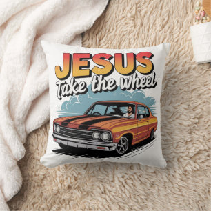 Jesus neemt het stuur Vintage Muscle Car Kussen