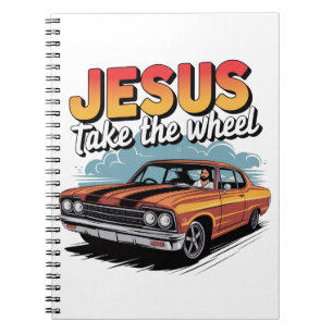Jesus neemt het stuur Vintage Muscle Car Notitieboek
