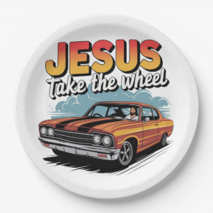 Jesus neemt het stuur Vintage Muscle Car Papieren Bordje