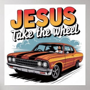 Jesus neemt het stuur Vintage Muscle Car Poster