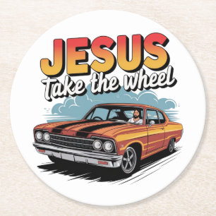 Jesus neemt het stuur Vintage Muscle Car Ronde Kartonnen Onderzetter