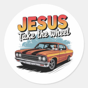 Jesus neemt het stuur Vintage Muscle Car Ronde Sticker