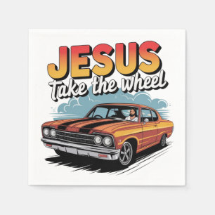 Jesus neemt het stuur Vintage Muscle Car Servet