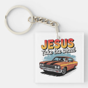 Jesus neemt het stuur Vintage Muscle Car Sleutelhanger
