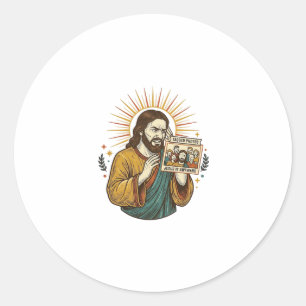Jesus ogen gesloten getagde groepsfoto onflatteus ronde sticker