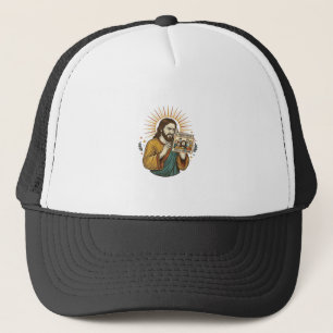 Jesus ogen gesloten getagde groepsfoto onflatteus trucker pet