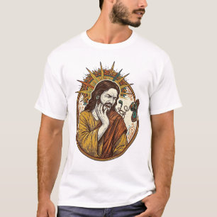 Jesus-oordopje snoer vast deurknop uitgetrokken Gy T-shirt