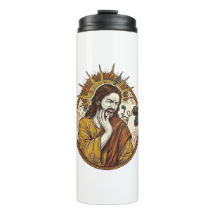 Jesus-oordopjekoord vastgehaakt aan deurknop uitge thermosbeker