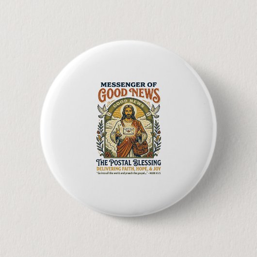 Jesus Postbode Levering Shirt Gebaseerd op het Gel Ronde Button 5,7 Cm (Voorkant)