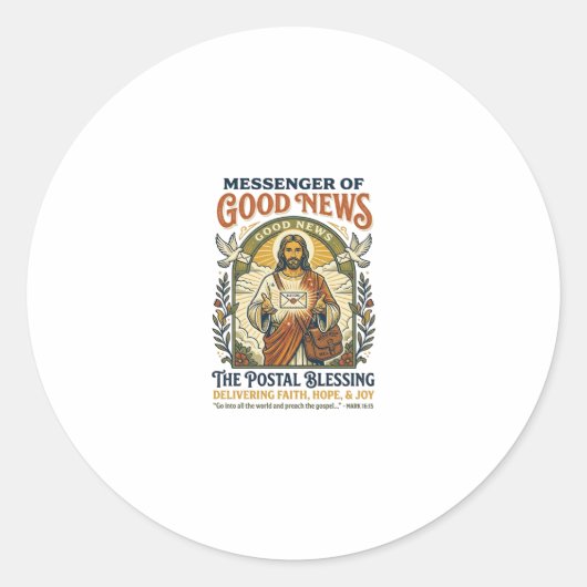 Jesus Postbode Levering Shirt Gebaseerd op het Gel Ronde Sticker (Voorkant)