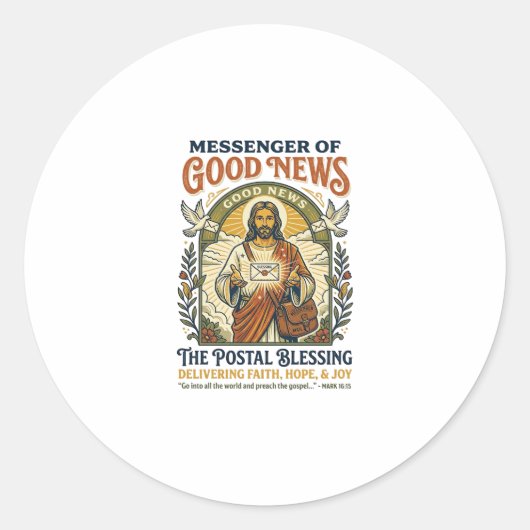 Jesus Postbode Levering Shirt Gebaseerd op het Gel Ronde Sticker (Voorkant)