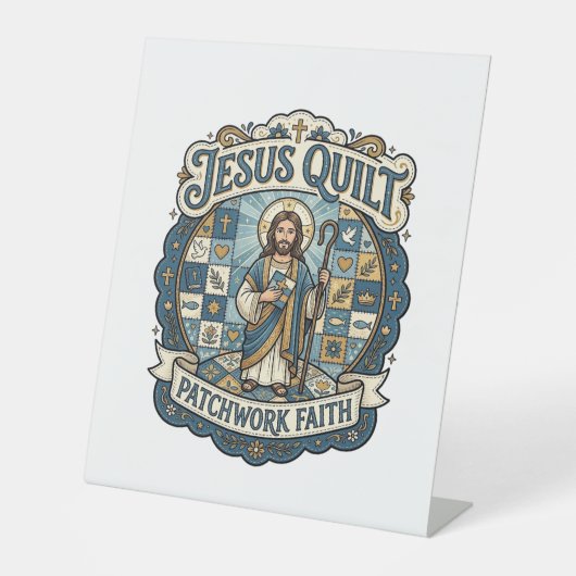 Jesus Quilt Patchwork Geloof Jesus Quilt Patchwork Reclamebord Met Voetstuk (Voorkant)