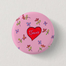 Jesus Red Heart Floral Roze Christelijk Ronde Button 3,2 Cm