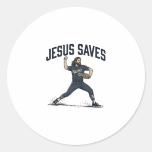Jesus redt honkbalpitcher vintage gravure shirt ronde sticker