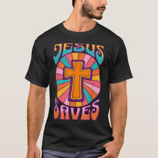 Jesus Redt Kruis Groovy Retro 70's Stijl Geloof T-shirt