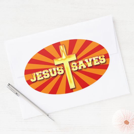 Jesus redt Oval Cross Stickers (Envelop)
