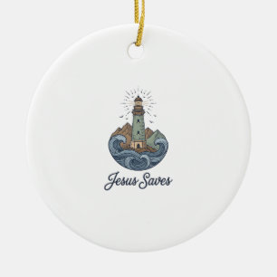 Jesus Redt Vintage Vuurtoren Christelijk T-shirt_1 Keramisch Ornament