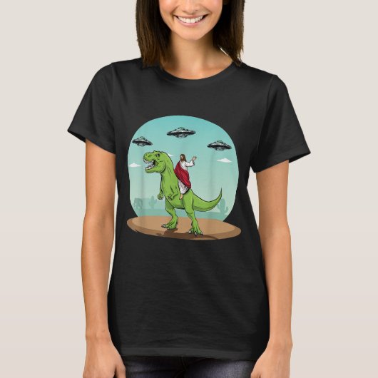 Jesus Riding a Dinosaur Funny Bigfoot UFO Alien Ab T-shirt (Voorkant)
