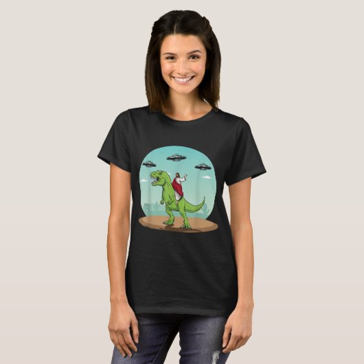 Jesus Riding a Dinosaur Funny Bigfoot UFO Alien Ab T-shirt (Voorkant volledig)