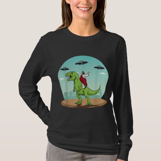Jesus Riding a Dinosaur Funny Bigfoot UFO Alien Ab T-shirt (Voorkant)