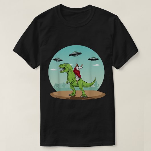 Jesus Riding a Dinosaur Funny Bigfoot UFO Alien Ab T-shirt (Design voorkant)