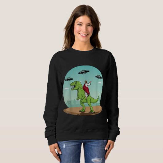 Jesus Riding a Dinosaur Funny Bigfoot UFO Alien Ab Trui (Voorkant volledig)