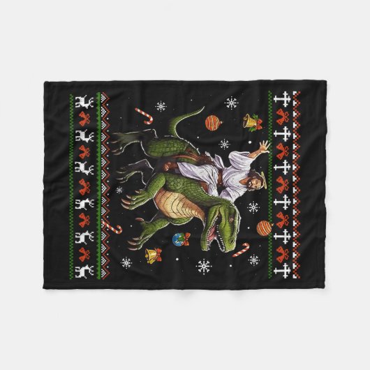 Jesus Riding Dinosaur Funny Meme Ugly Christmas Sw Fleece Deken (Voorkant (Horizontaal))