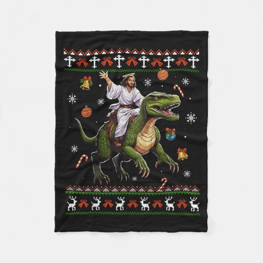 Jesus Riding Dinosaur Funny Meme Ugly Christmas Sw Fleece Deken (Voorkant)