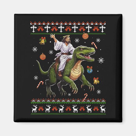 Jesus Riding Dinosaur Funny Meme Ugly Christmas Sw Magneet (Voorkant)