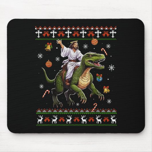 Jesus Riding Dinosaur Funny Meme Ugly Christmas Sw Muismat (Voorkant)
