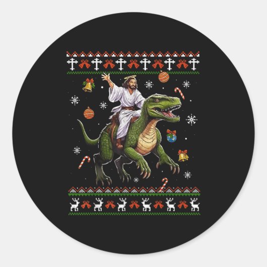 Jesus Riding Dinosaur Funny Meme Ugly Christmas Sw Ronde Sticker (Voorkant)