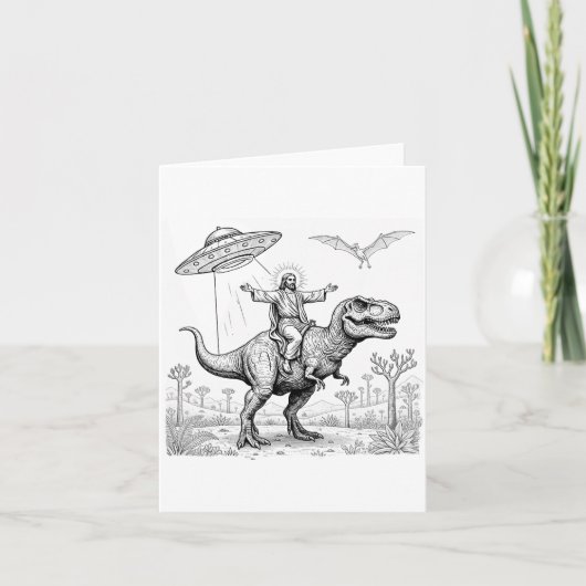Jesus Riding Dinosaur T-rex Ufo Hunting Alien Sci- Kaart (Voorkant)