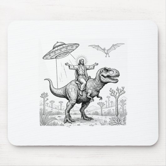 Jesus Riding Dinosaur T-rex Ufo Hunting Alien Sci- Muismat (Voorkant)