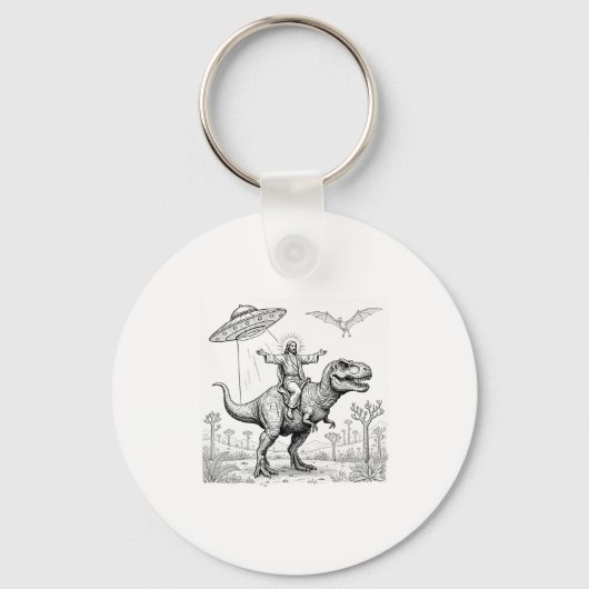 Jesus Riding Dinosaur T-rex Ufo Hunting Alien Sci- Sleutelhanger (Voorkant)