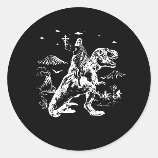 Jesus Riding Dinosaur UFO 90s Graphic Ronde Sticker (Voorkant)