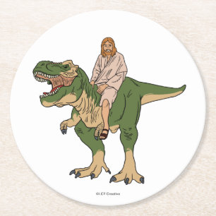 Jesus Riding T-Rex Ronde Kartonnen Onderzetter