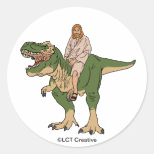 Jesus Riding T-Rex Ronde Sticker