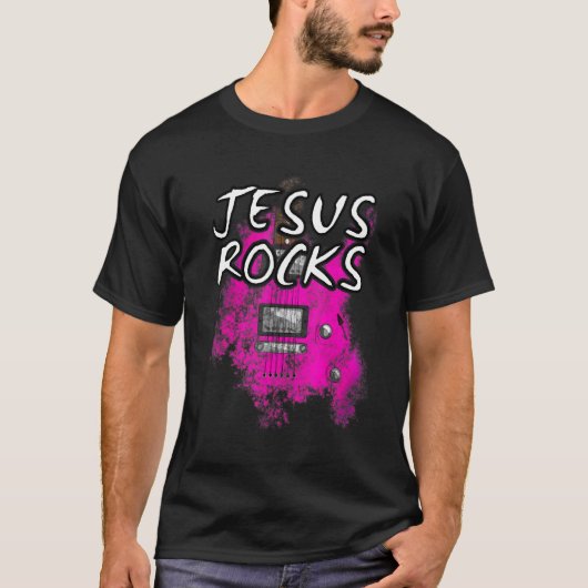 Jesus Rocks Guitar Electric Guitarist Christelijke T-shirt (Voorkant)