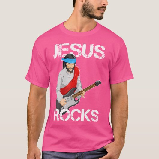 Jesus Rocks op elektrische gitaar Grappig Christel T-shirt (Voorkant)