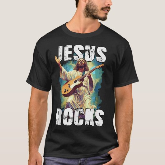 Jesus Rocks With Guitar - Funny Christian Rocks Ch T-shirt (Voorkant)