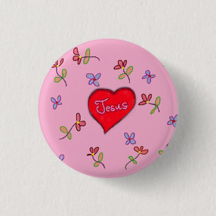 Jesus Rode Hart Bloemrijk Roze Christelijk Ronde Button 3,2 Cm