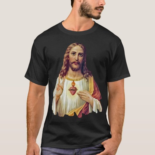 Jesus Sacred Heart Peace Sign Portret T-Shirt (Voorkant)