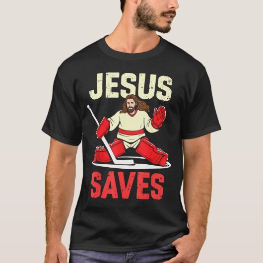 Jesus Saves Ice Hockey Goalie Player Christian Fun T-shirt (Voorkant)