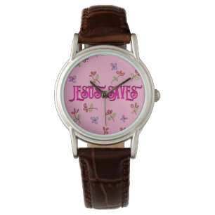 ‘Jesus Saves’ Quote met bloemenprint op roze Horloge