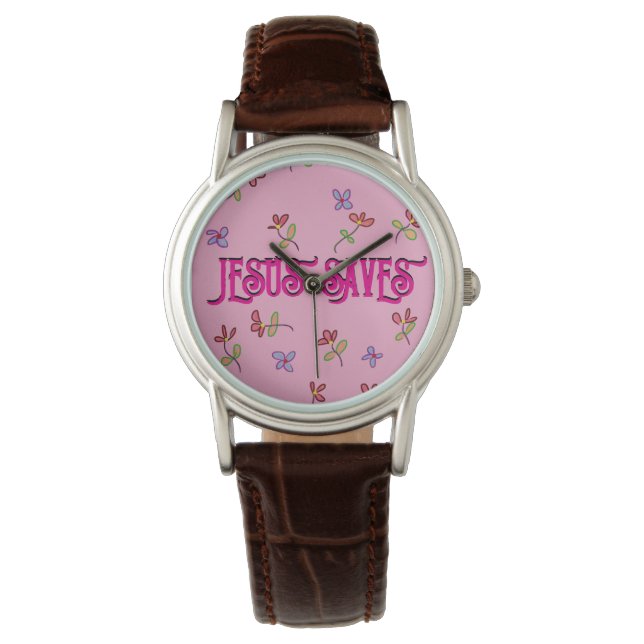 ‘Jesus Saves’ Quote met bloemenprint op roze Horloge (Voorkant)
