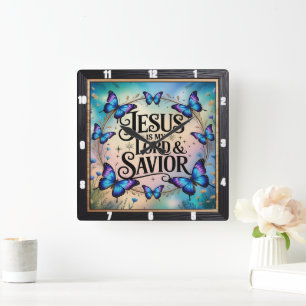 Jesus Savior Floral Butterfly Vierkante Klok