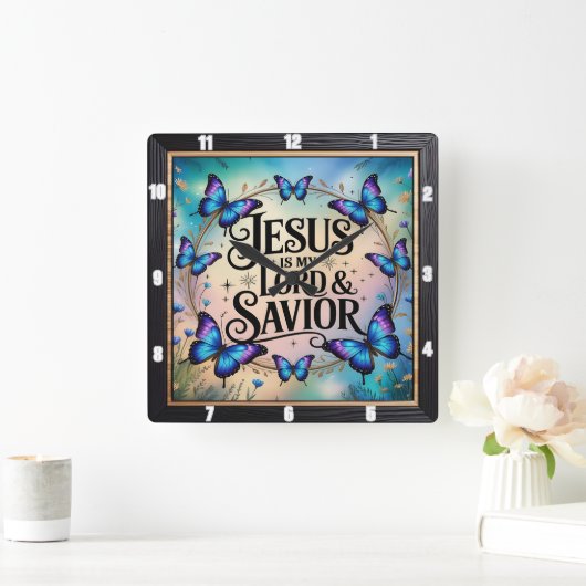Jesus Savior Floral Butterfly Vierkante Klok (Huis)