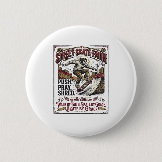 Jesus Skate Longboard T-shirt Christelijk Ronde Button 5,7 Cm (Voorkant)